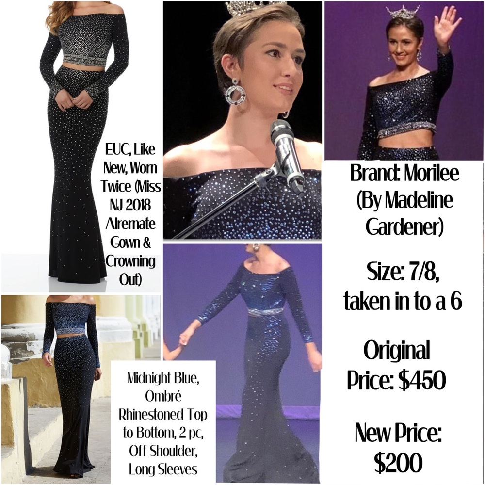 Two Piece Navy Blue Mermaid Ombré Rhinestone Gown